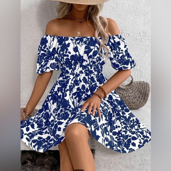Dresses & Skirts - Blue & White Off the Shoulder Dress - L
